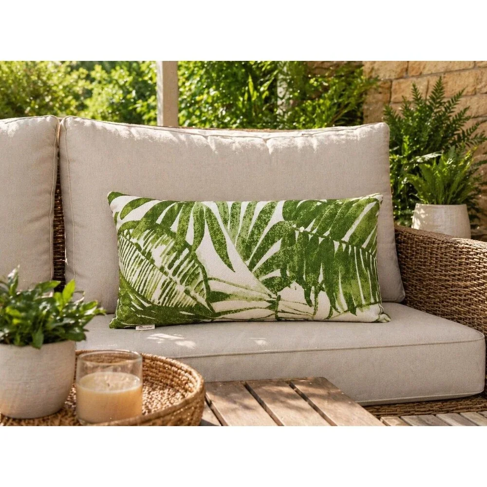 Pottery Barn Sunbrella Lumbar Pillow Green Tropical Leaf Outdoor Cushion 12x24 P